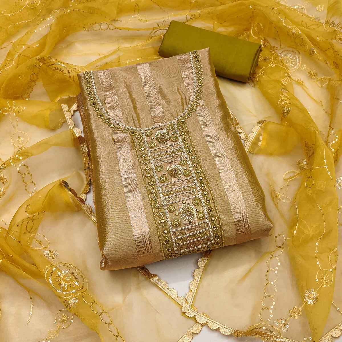Yellow Gold Organza Handwork Unstitched Suit For Festival