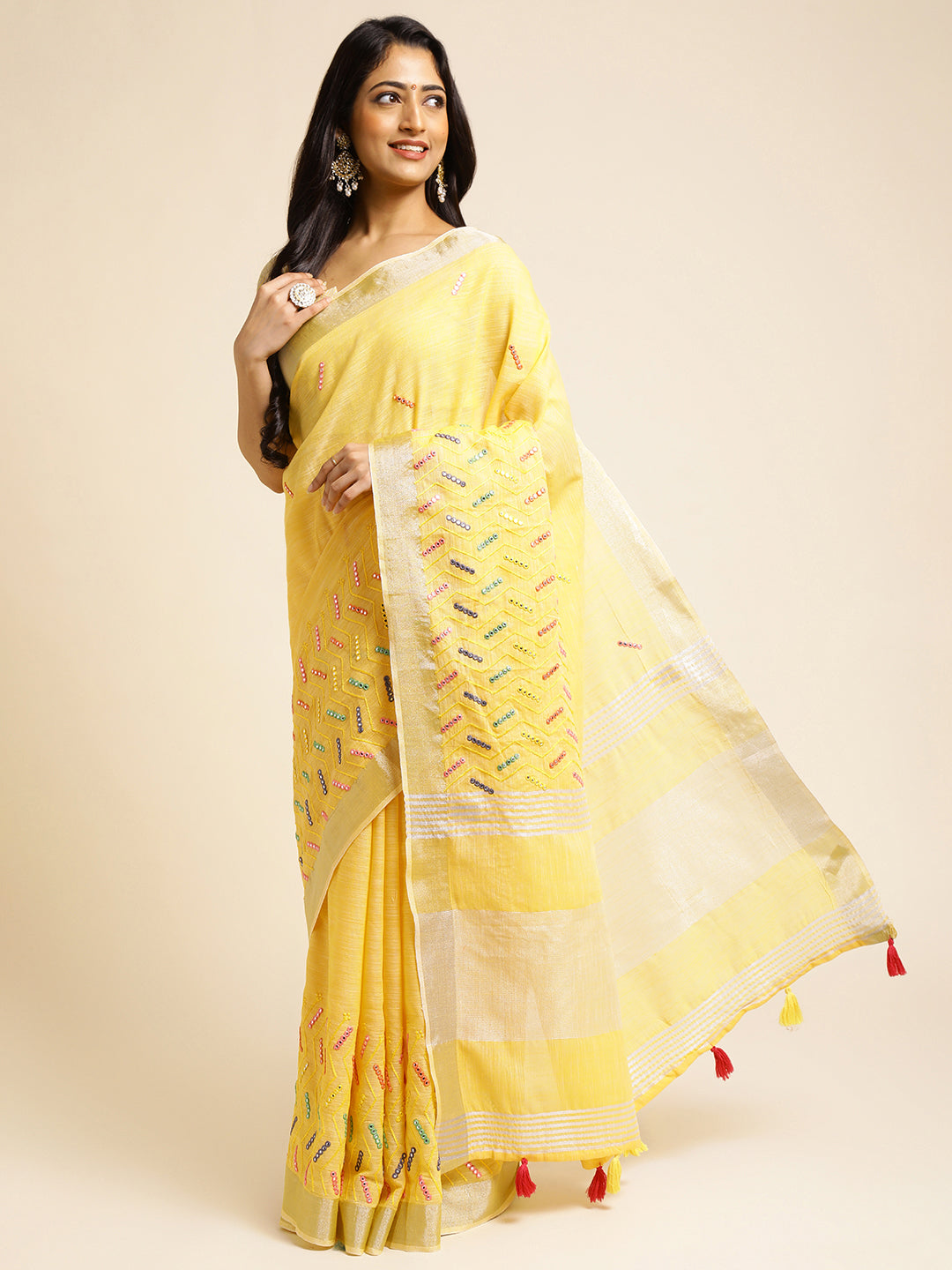 Yellow_Linen_Cotton_Mirror_Work_Saree_For_Women
