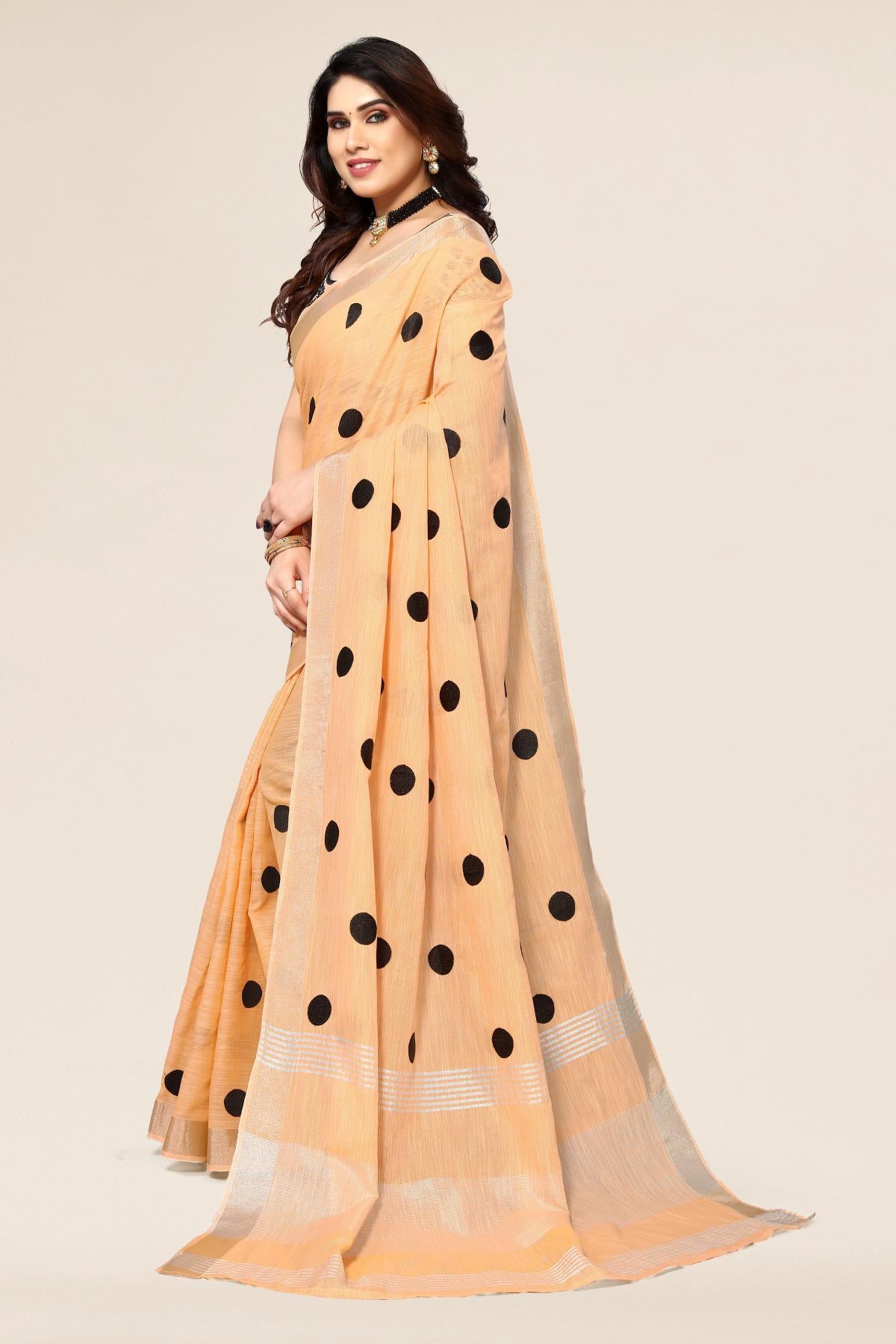 Yellow Linen Silk Polka Dot Saree With Embroidery Work