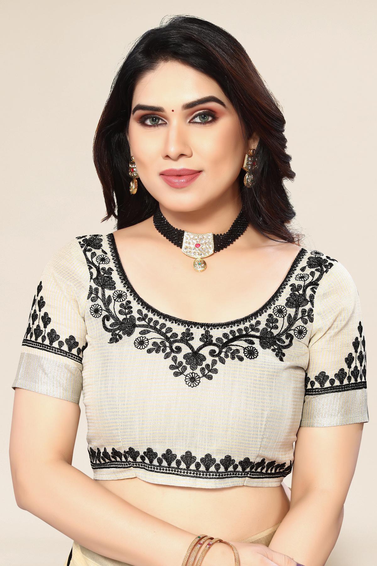 Yellow blouse cream linen saree online