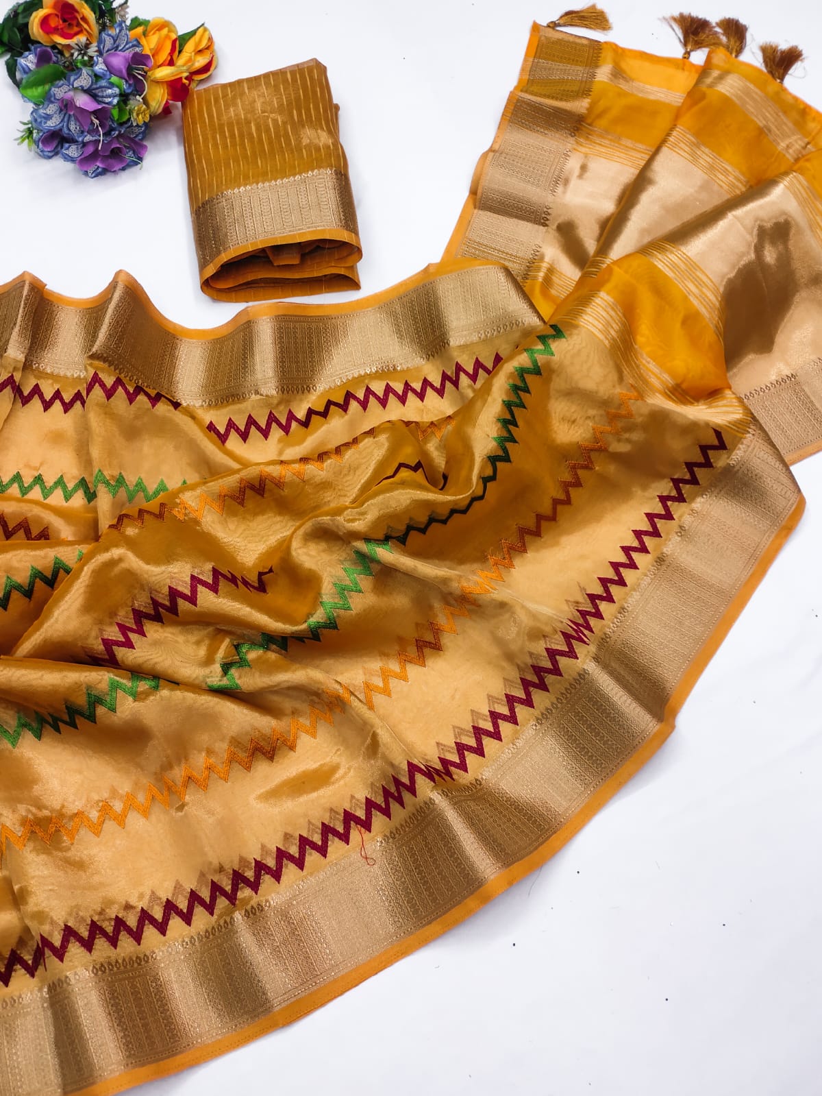 Yellow cotton silk saree with Kashmiri zari weaving work