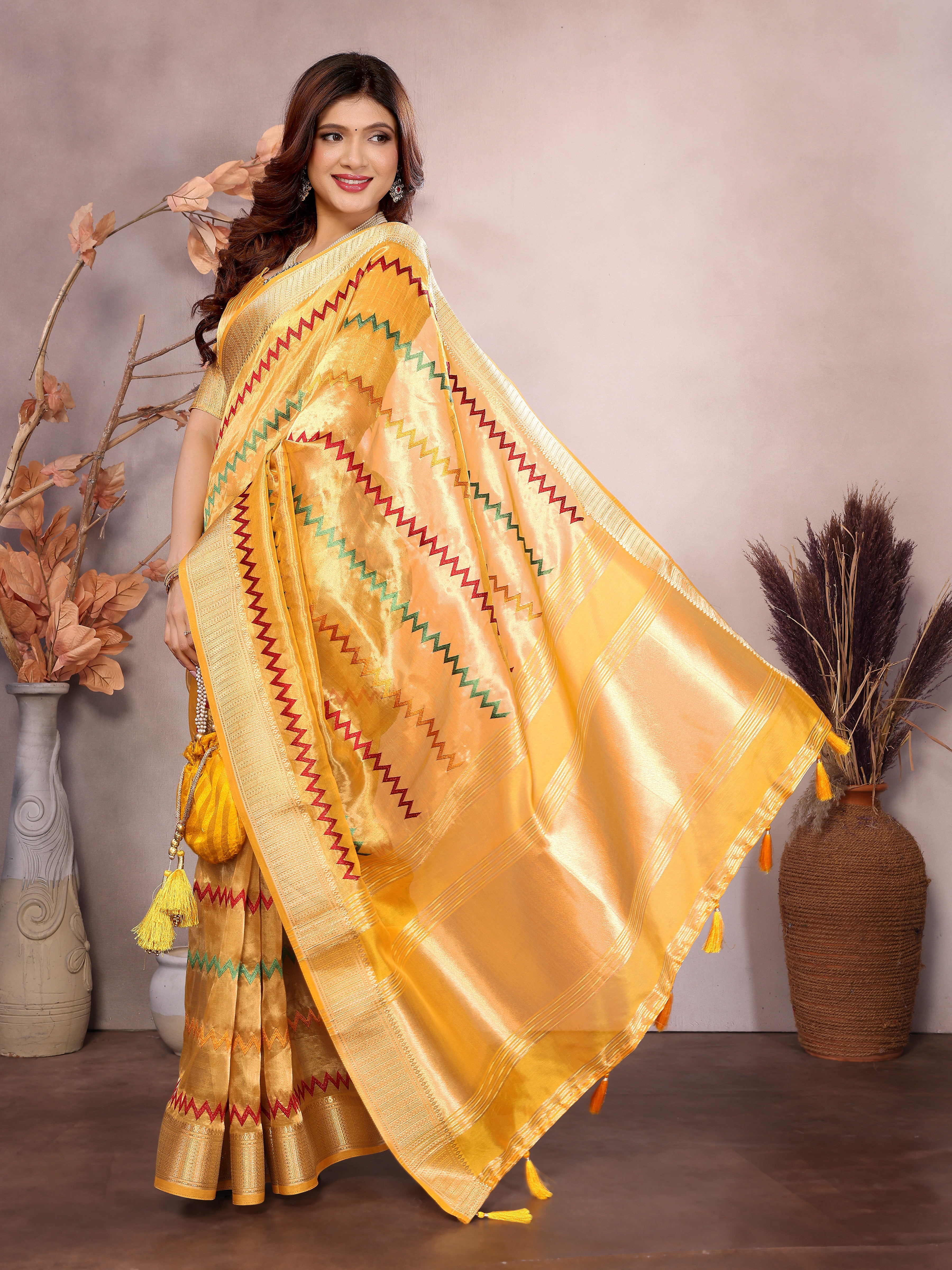 Yellow cotton silk saree with Kashmiri zari work