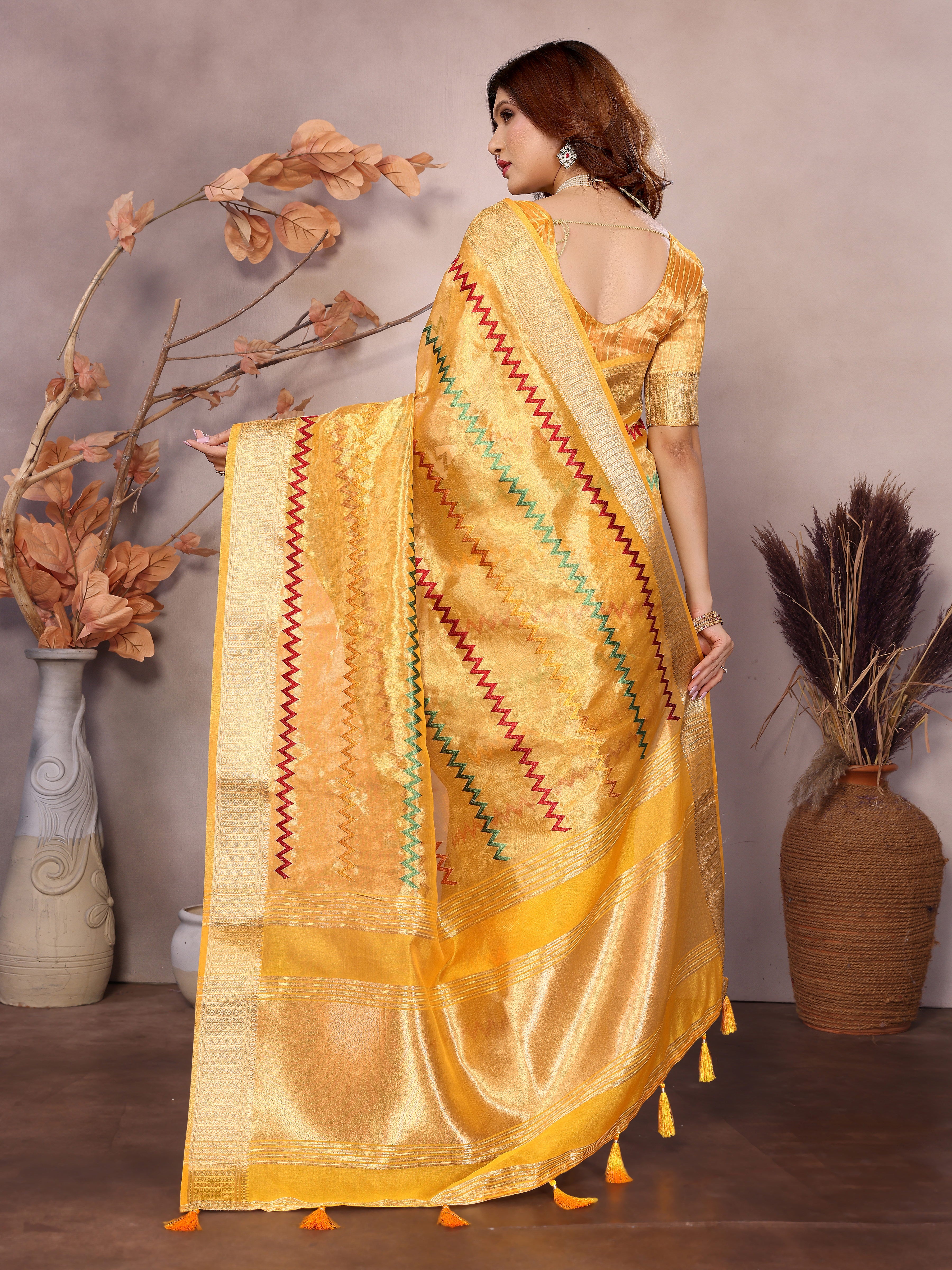 Yellow cotton silk saree with Kashmiri zari work with tassels