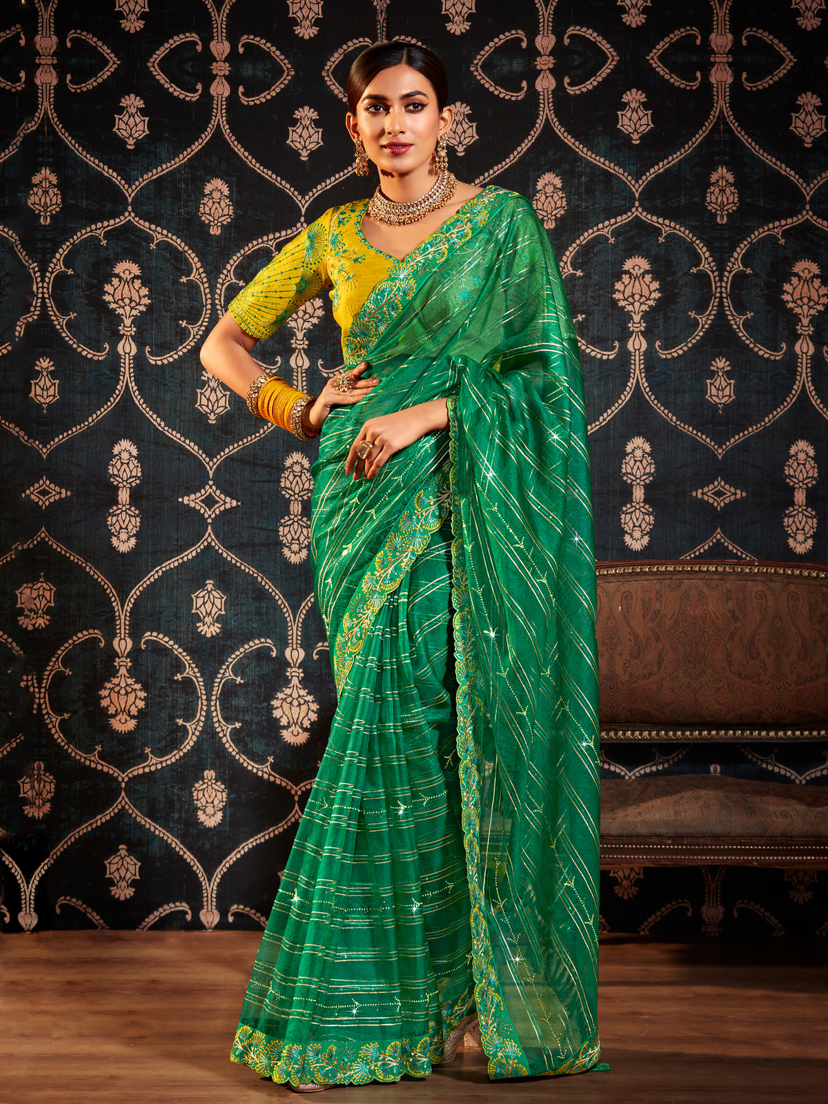 Green Organza Embroidery Saree