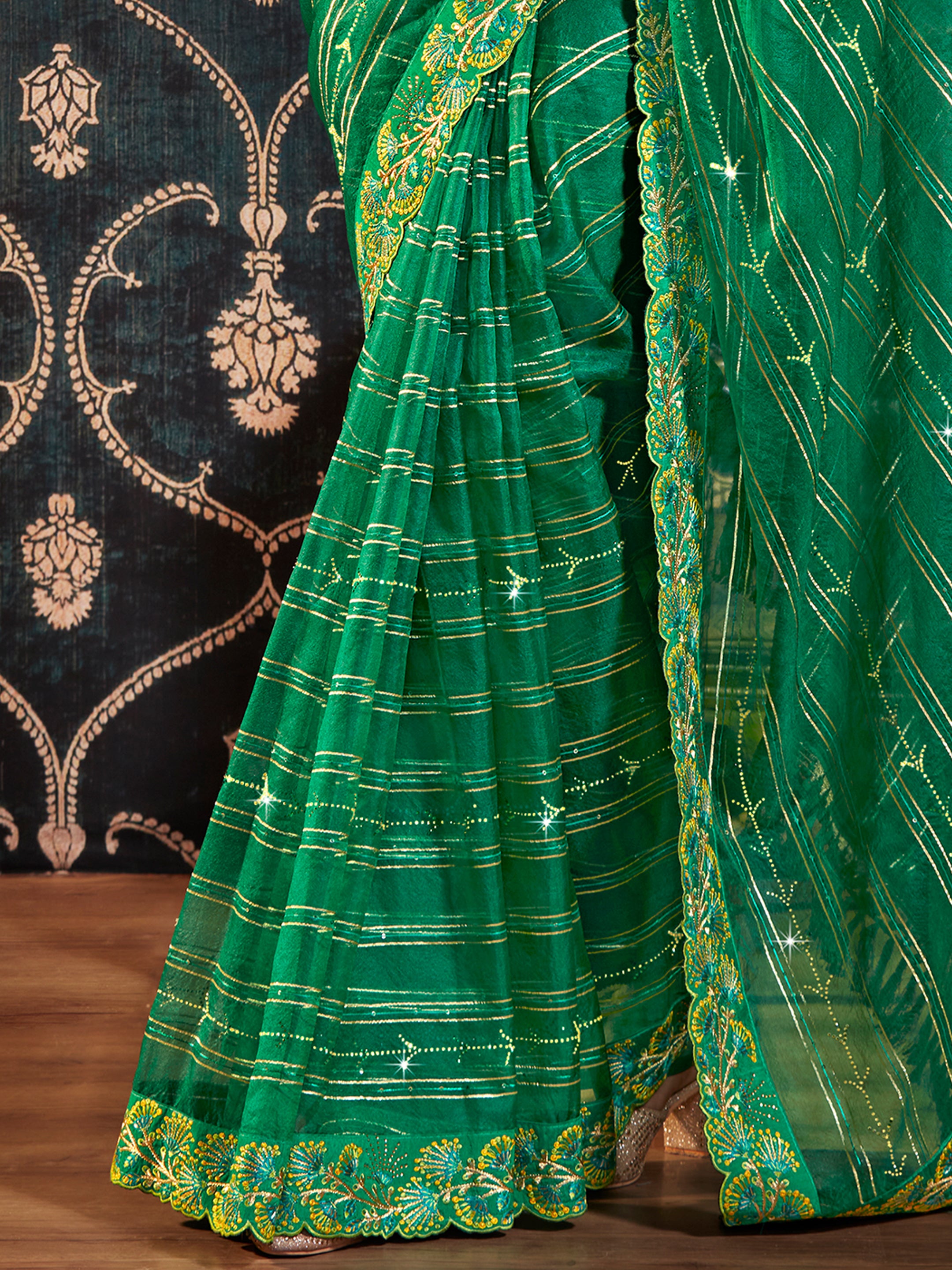 Green Organza Embroidery Saree