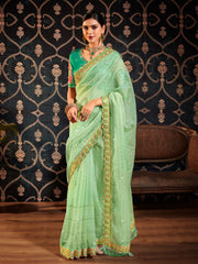 Sea green Organza Embroidery Saree