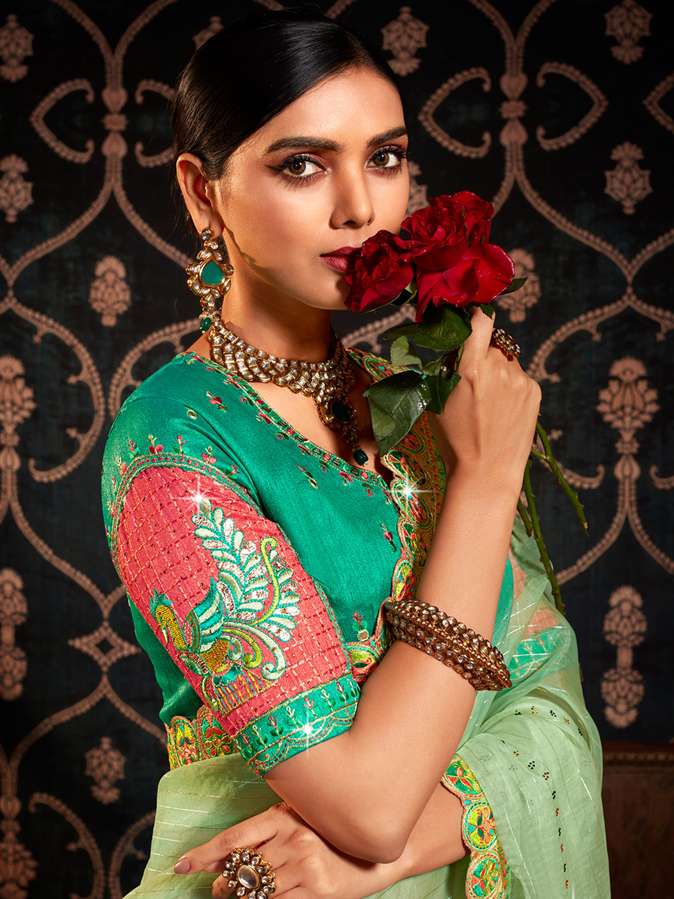 Sea green Organza Embroidery Saree