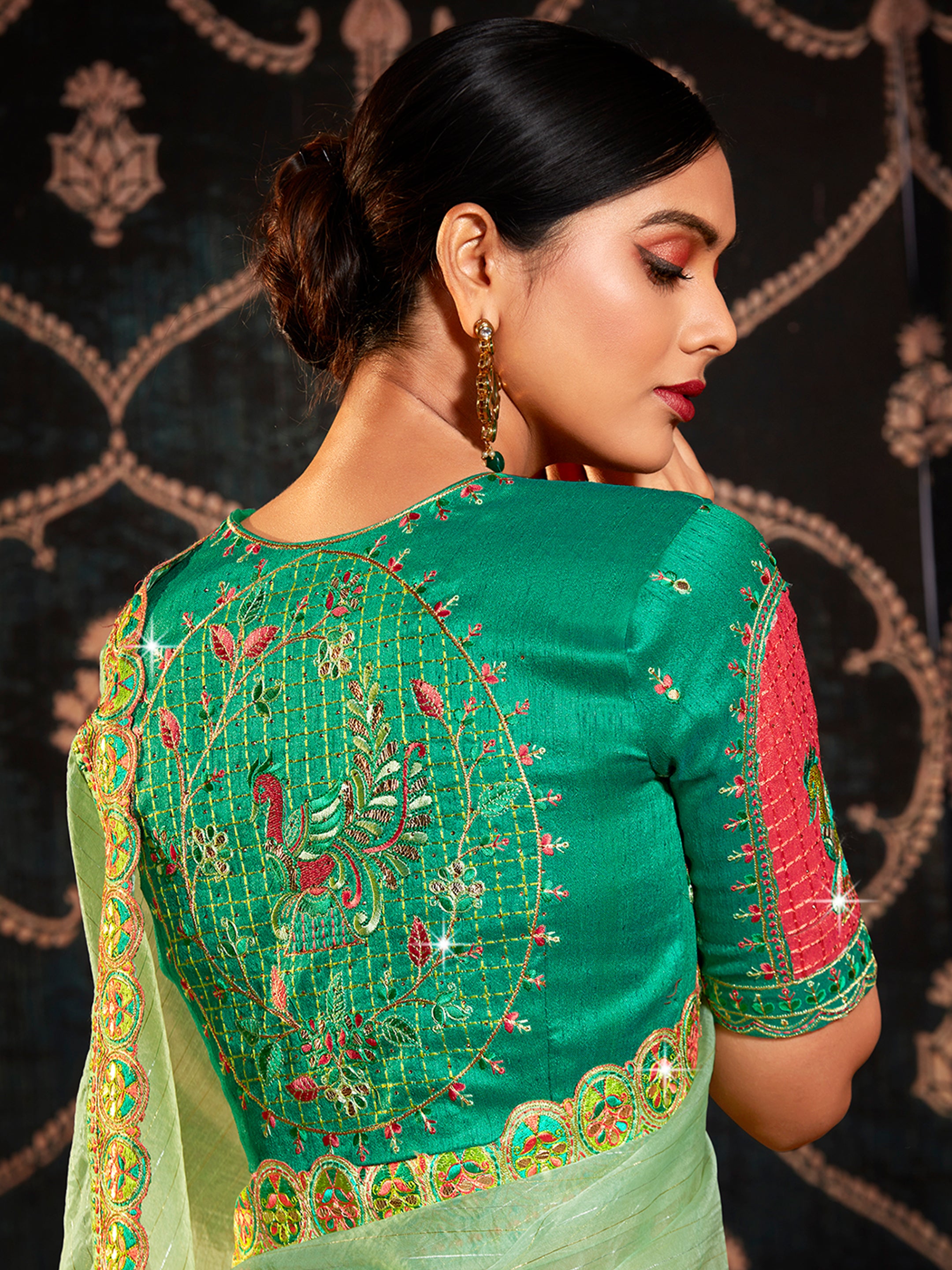 Sea green Organza Embroidery Saree