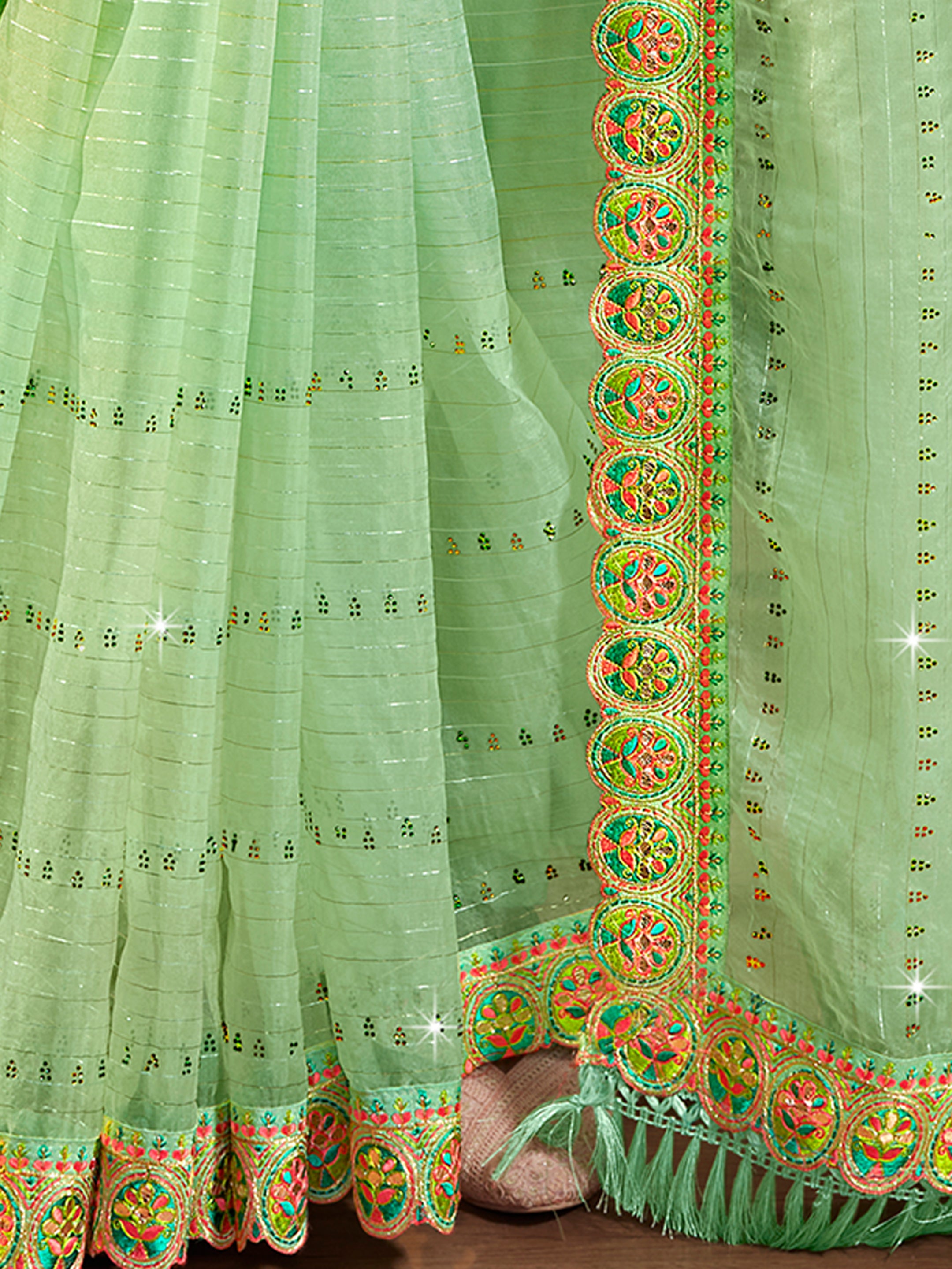 Sea green Organza Embroidery Saree