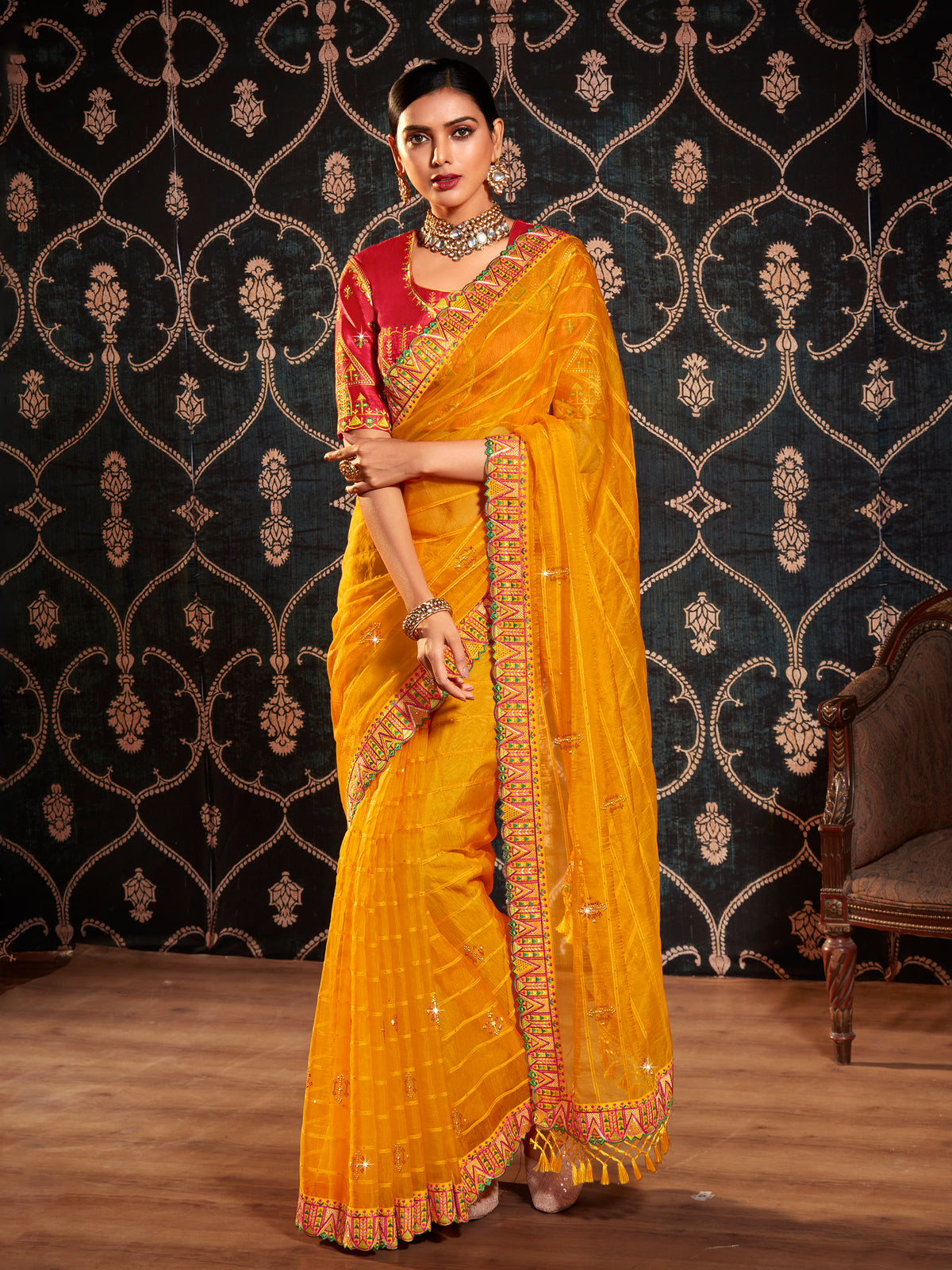 Yellow Organza Embroidery Saree