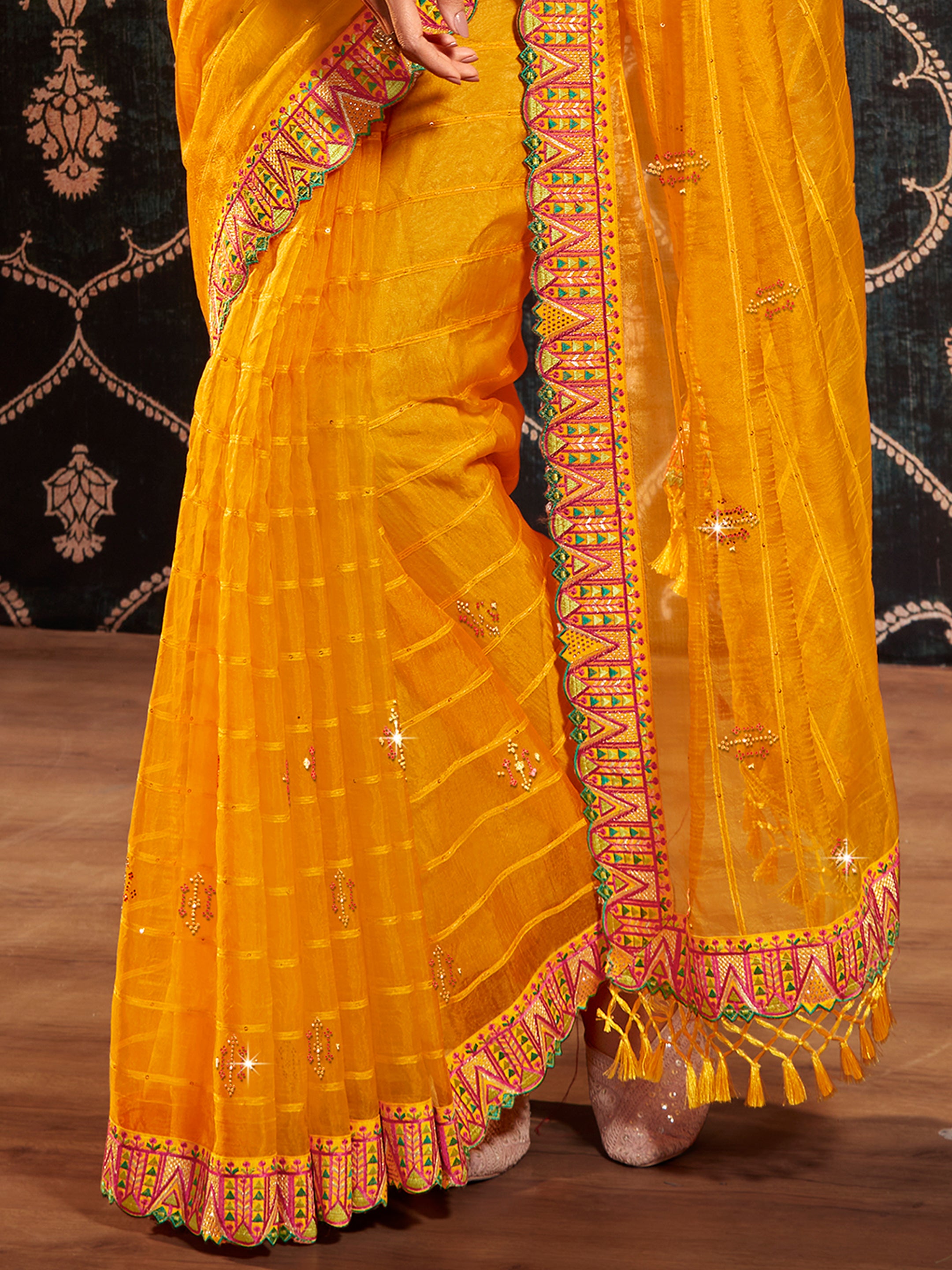 Yellow Organza Embroidery Saree