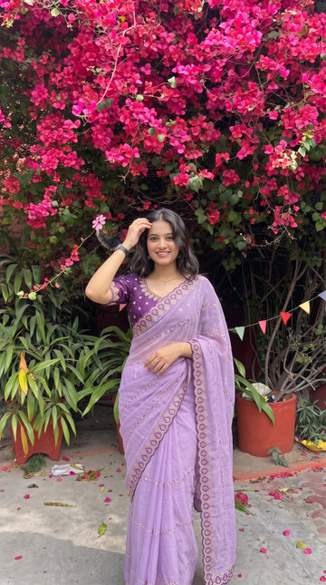 Lavender Soft Georgette Embroidery Saree