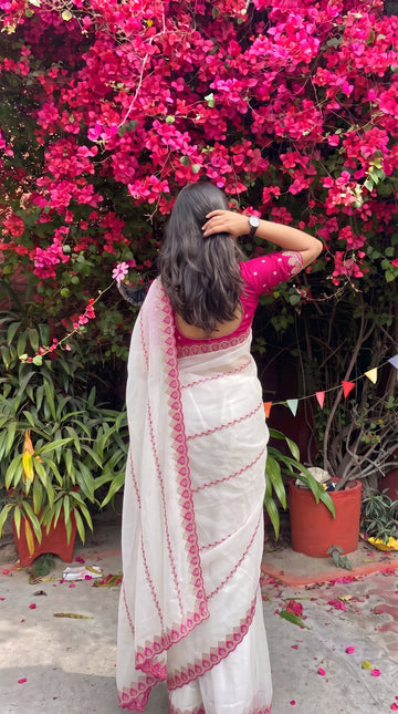White Soft Georgette Embroidery Saree