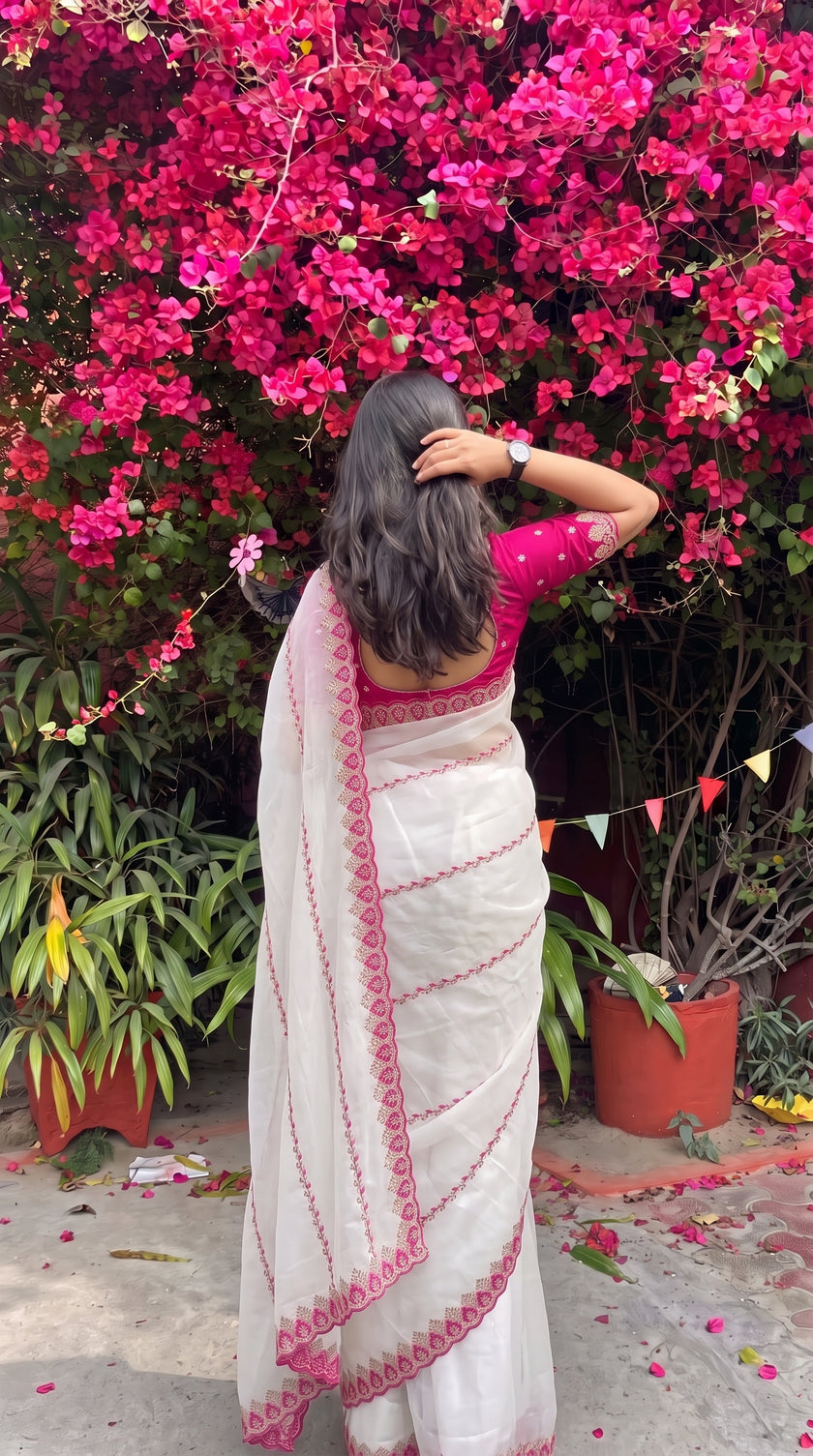White Soft Georgette Embroidery Saree