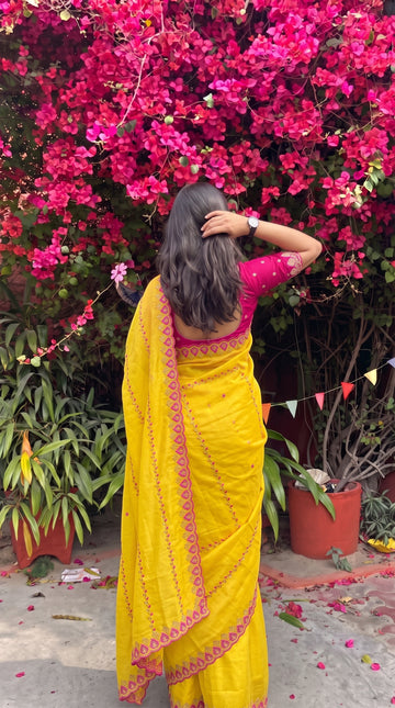 Yellow Soft Georgette Embroidery Saree Styled By Neha