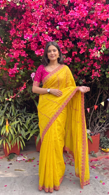 Yellow Soft Georgette Embroidery Saree Styled By Neha