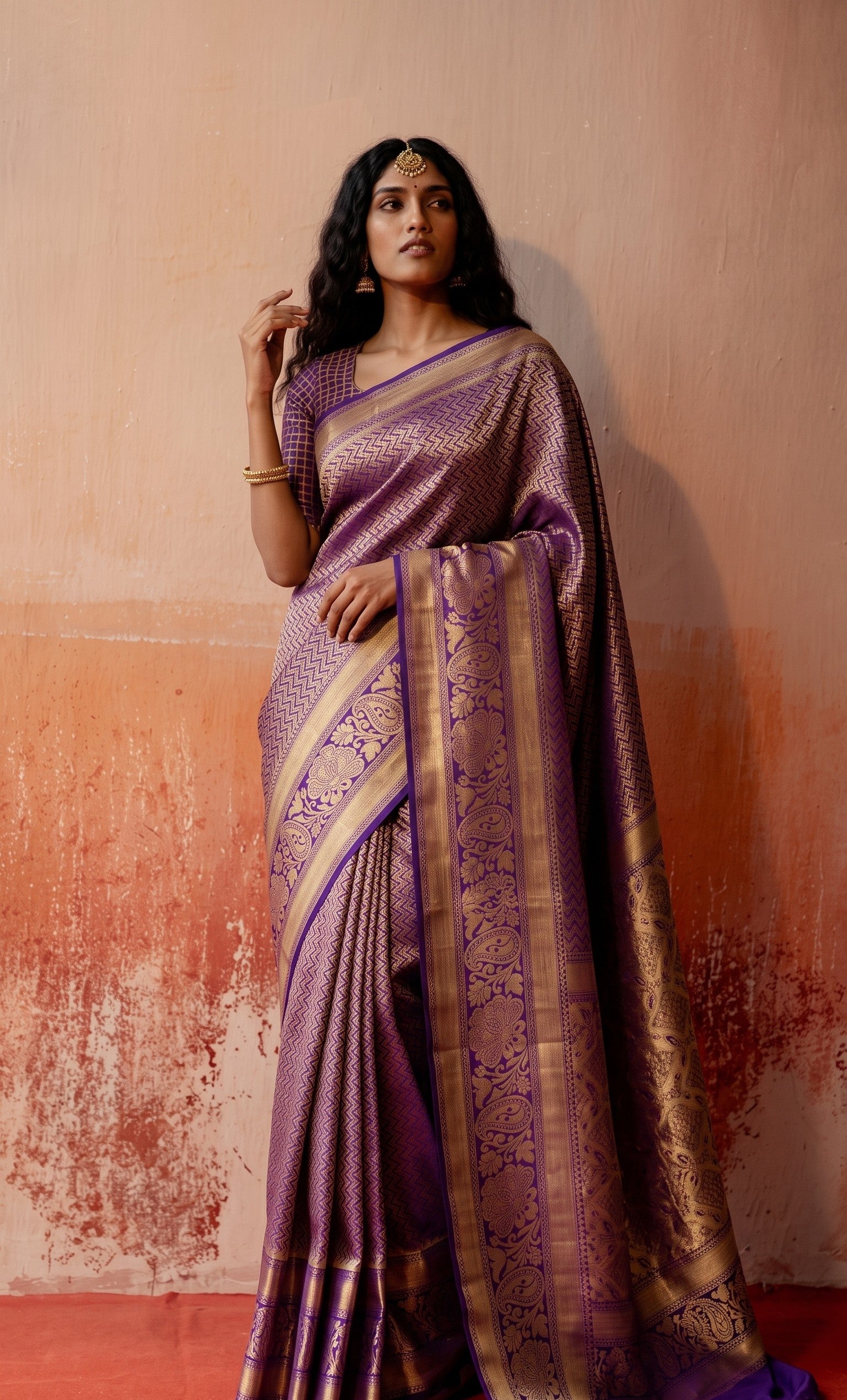 Purple Leheriya Pattern Banarasi Silk Zari Saree