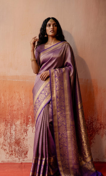 Purple Leheriya Pattern Banarasi Silk Zari Saree