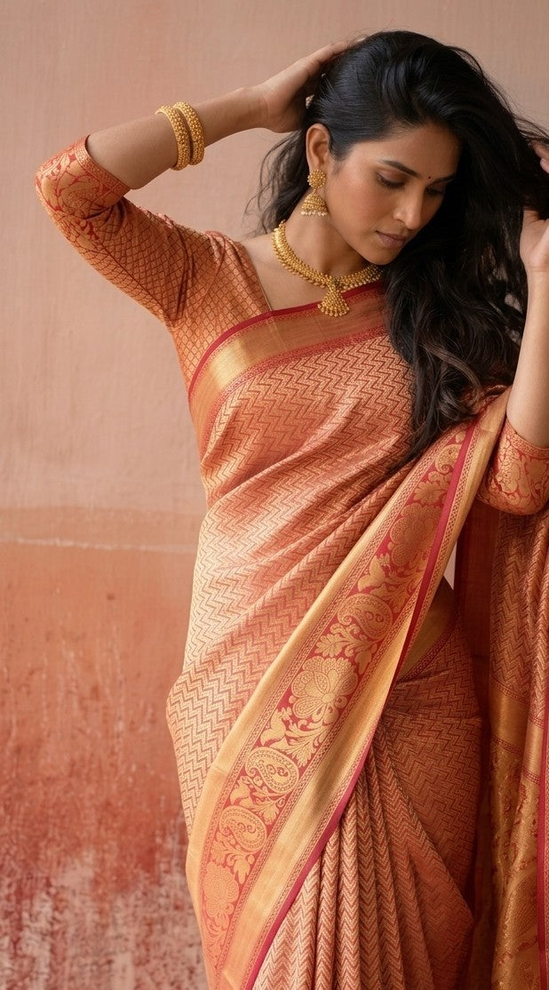 Peach Leheriya Pattern Banarasi Silk Zari Saree