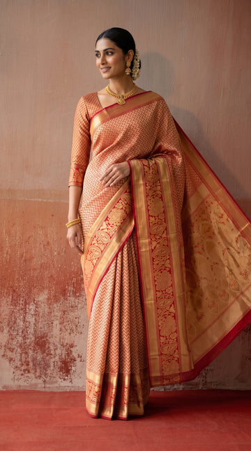 Peach Leheriya Pattern Banarasi Silk Zari Saree
