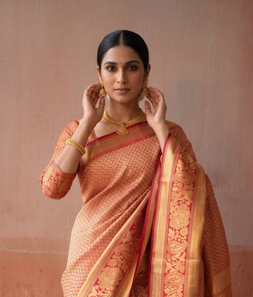 Peach Leheriya Pattern Banarasi Silk Zari Saree