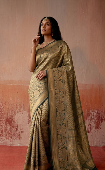 Mehndi Green Leheriya Pattern Banarasi Silk Zari Saree