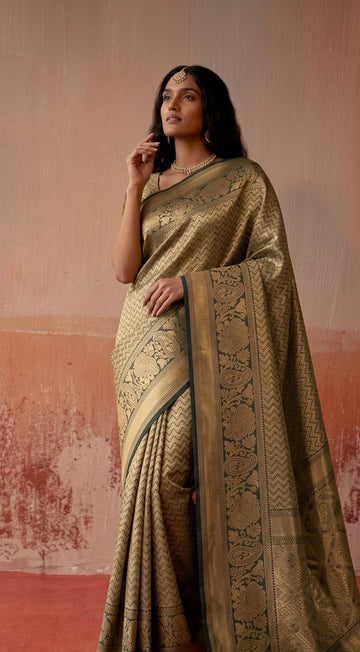 Mehndi Green Leheriya Pattern Banarasi Silk Zari Saree