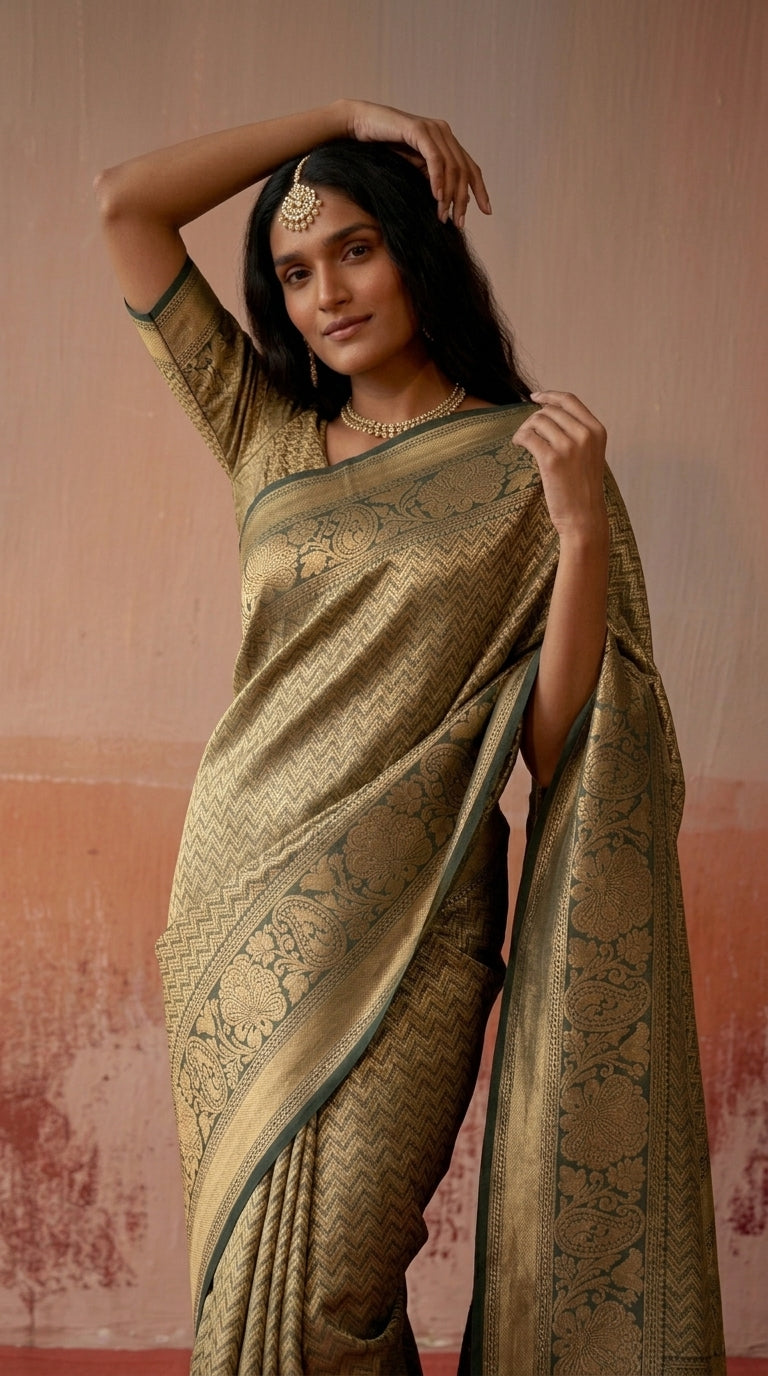 Mehndi Green Leheriya Pattern Banarasi Silk Zari Saree