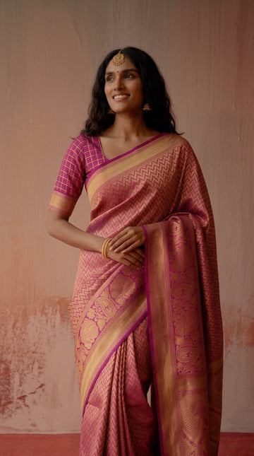 Pink Leheriya Pattern Banarasi Silk Zari Saree