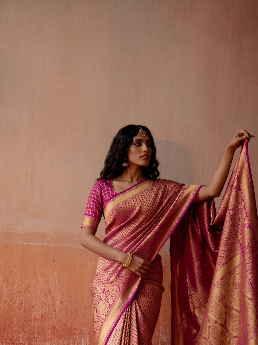 Pink Leheriya Pattern Banarasi Silk Zari Saree