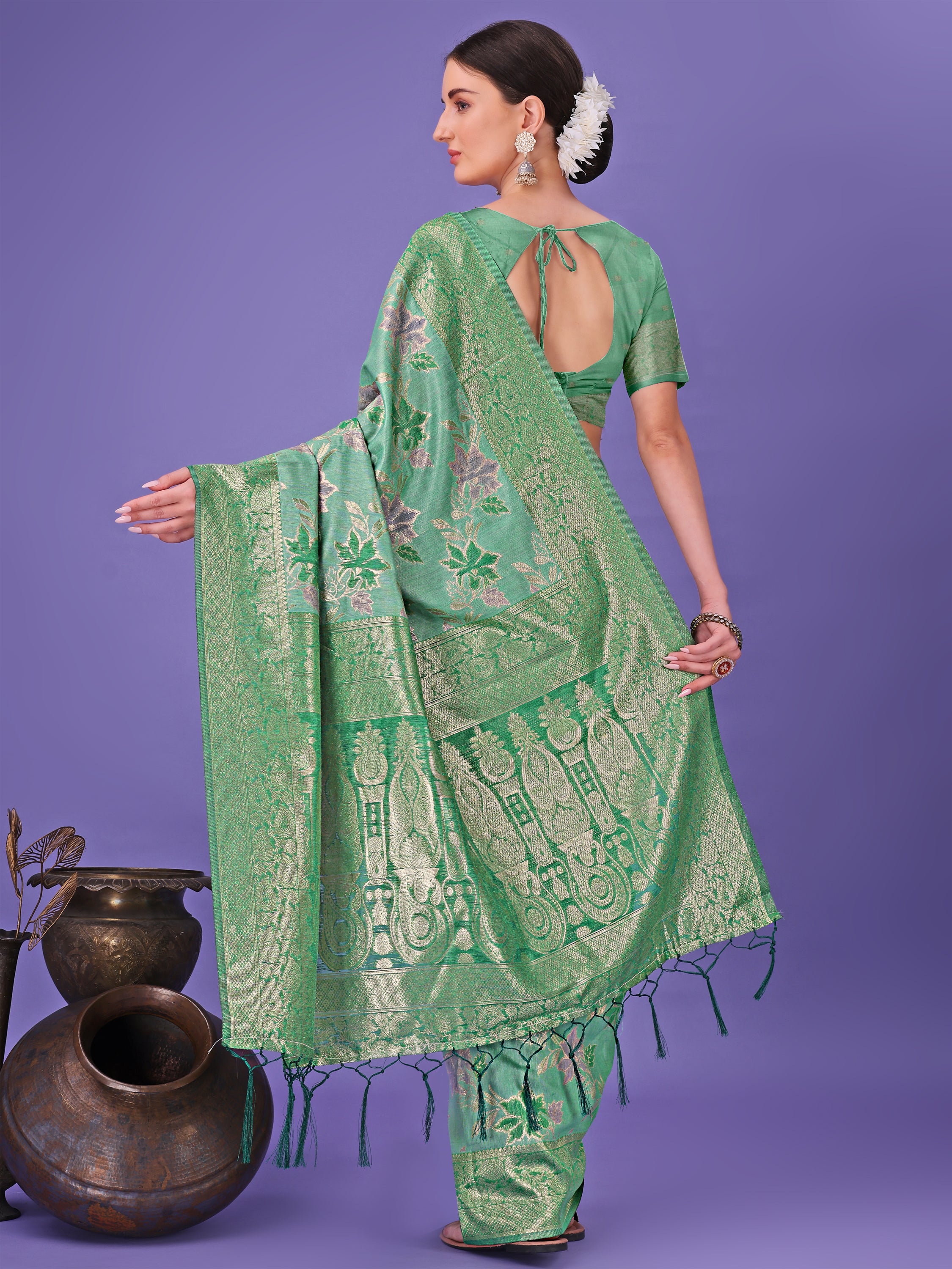Back view of pure green cotton saree