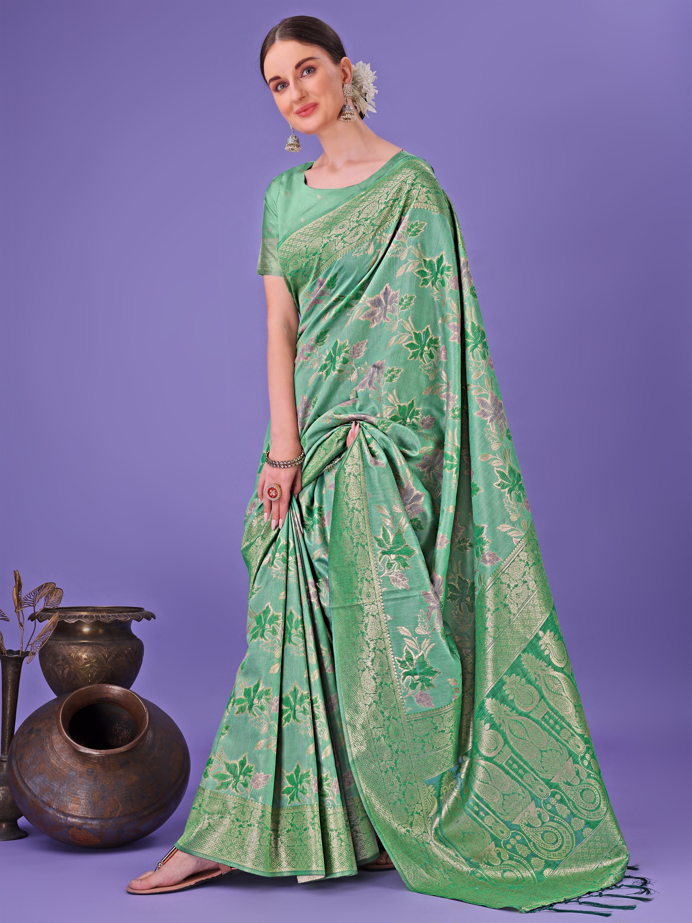 green pure Cotton saree for wedding Occasions
