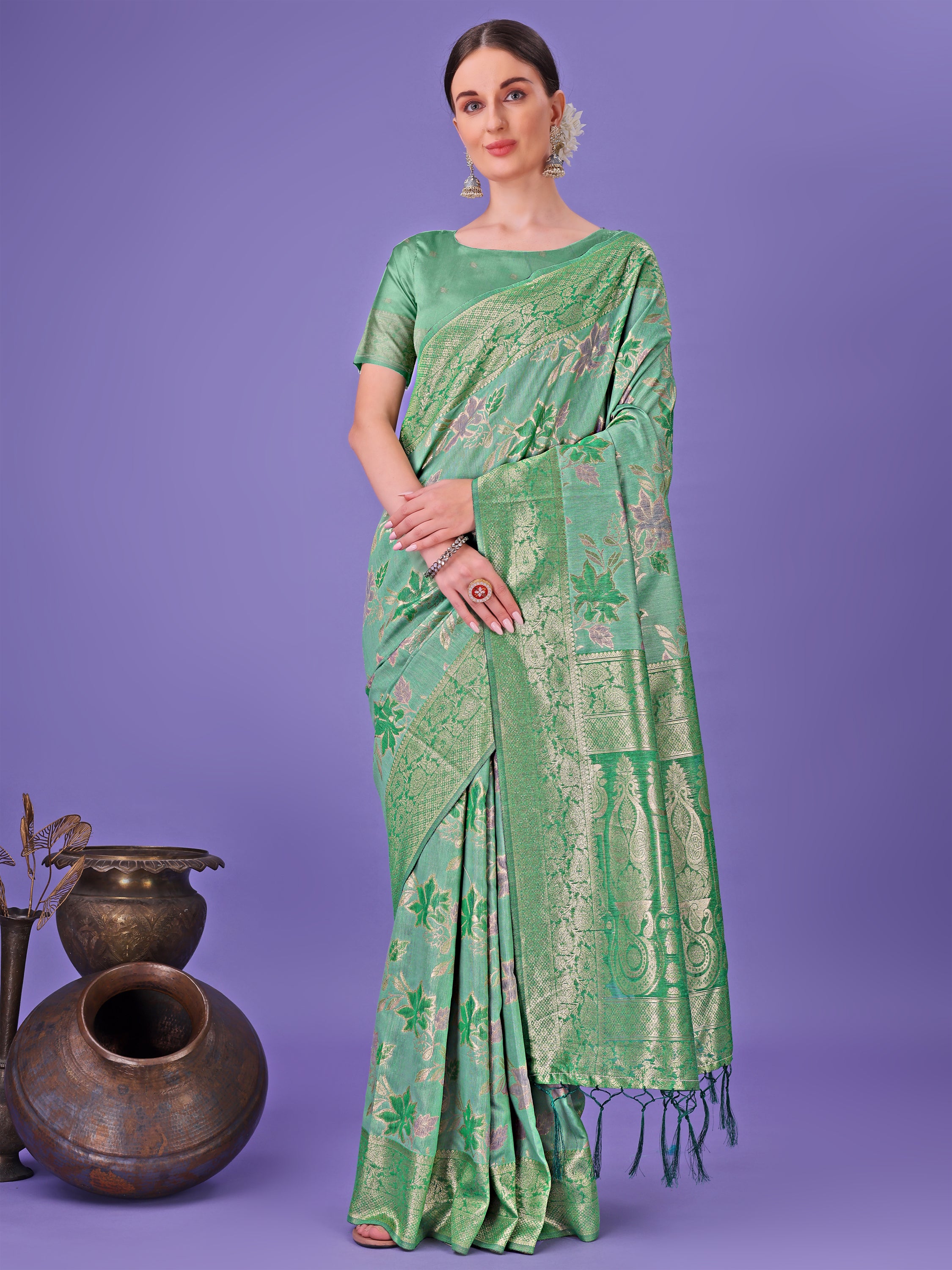 Green traditional Pure Cotton Saree For mehndi