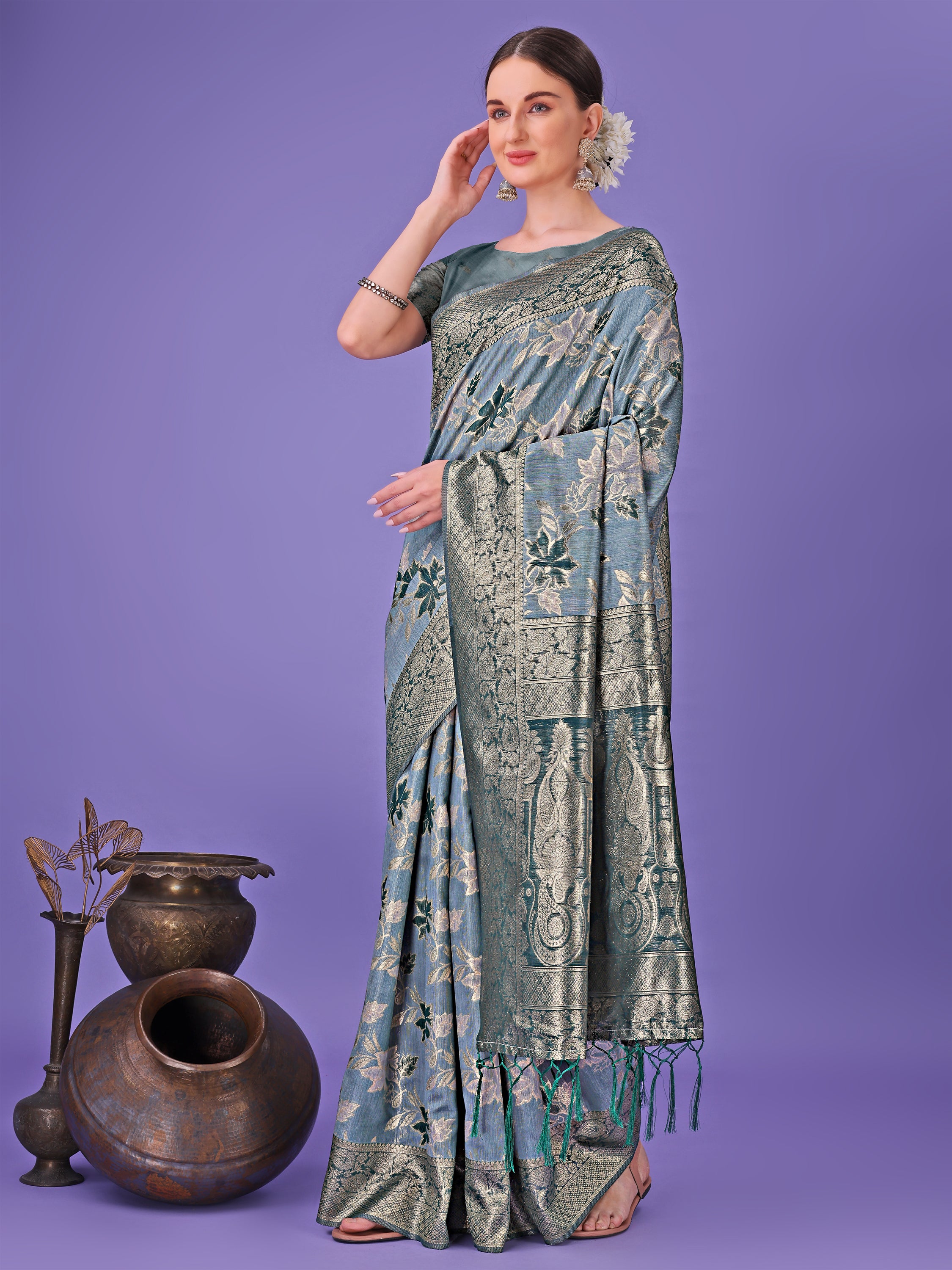model Grey wearing traditional pure Cotton saree