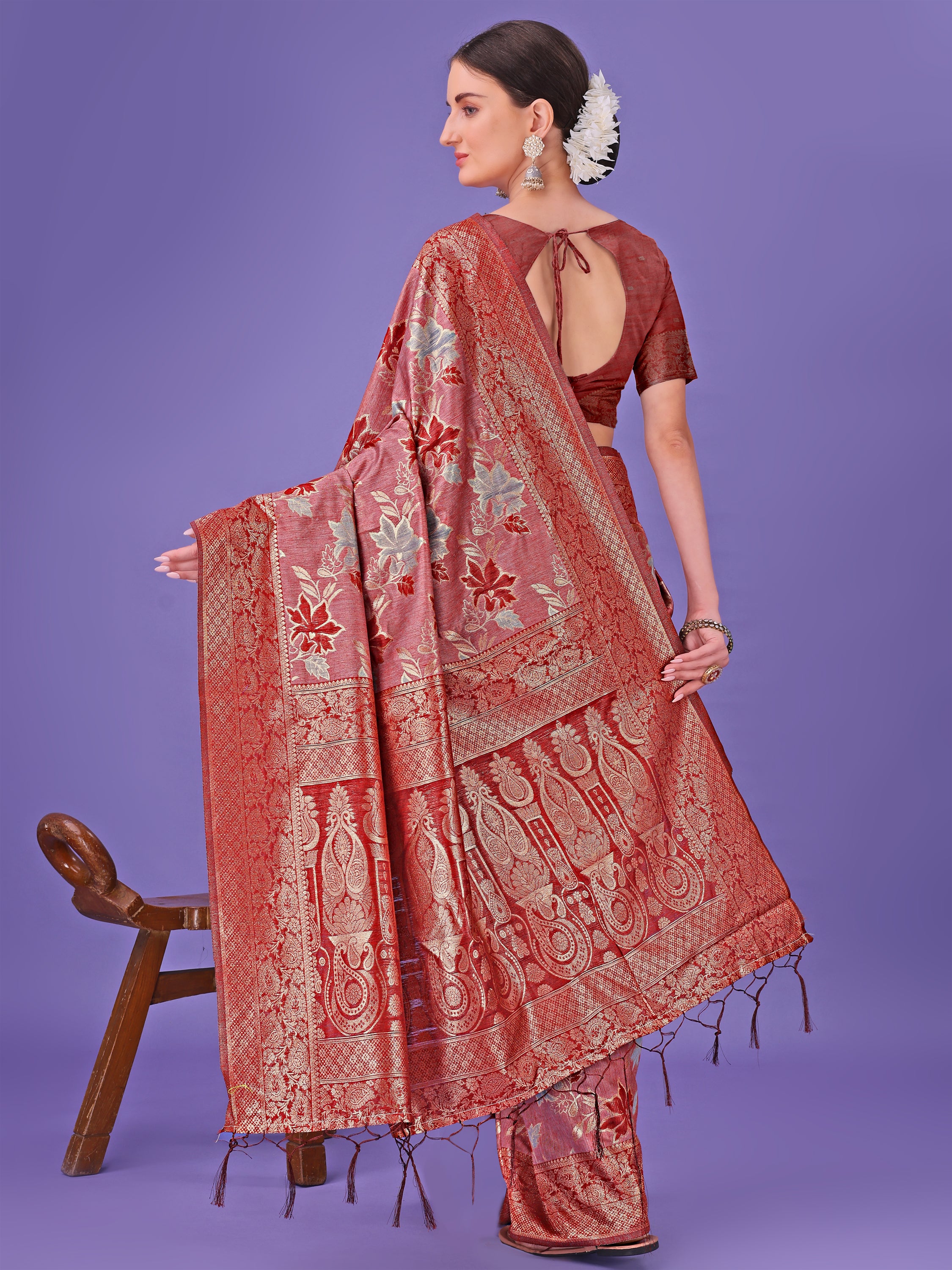 Red Weaving Cotton technique Saree For navratri pooja