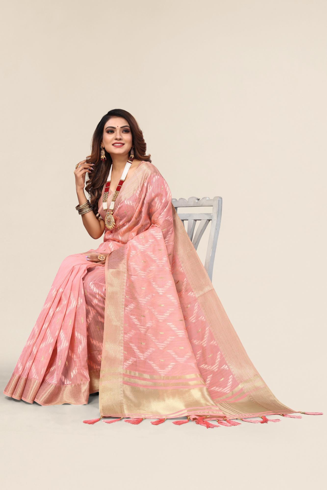 Pink Linen designer saree