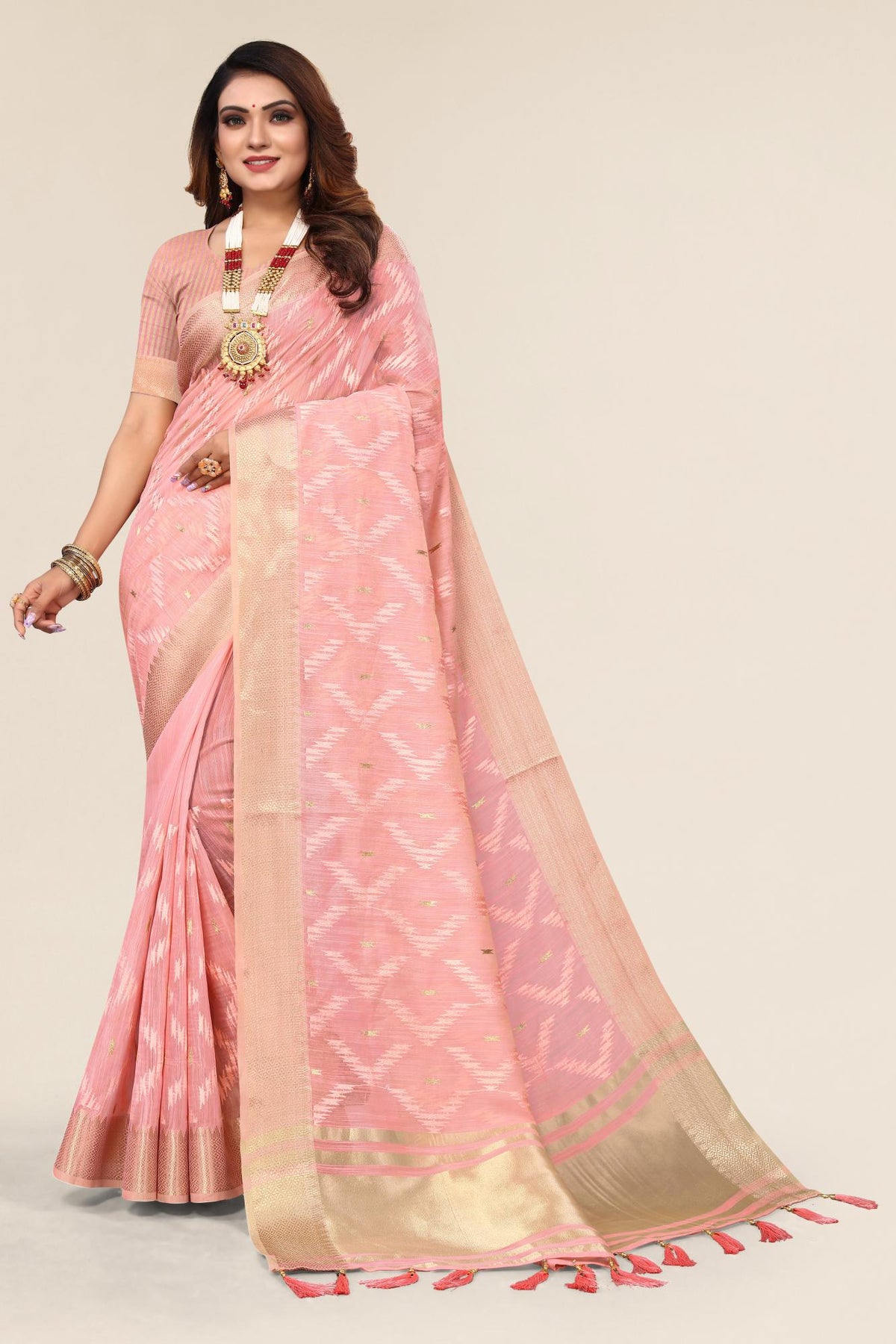 Pink Linen designer saree