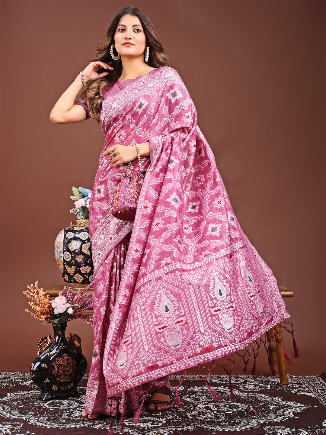 pink floral linen cotton saree for engagement