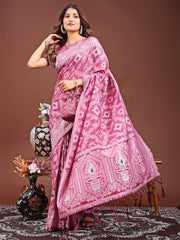pink floral linen cotton saree for engagement
