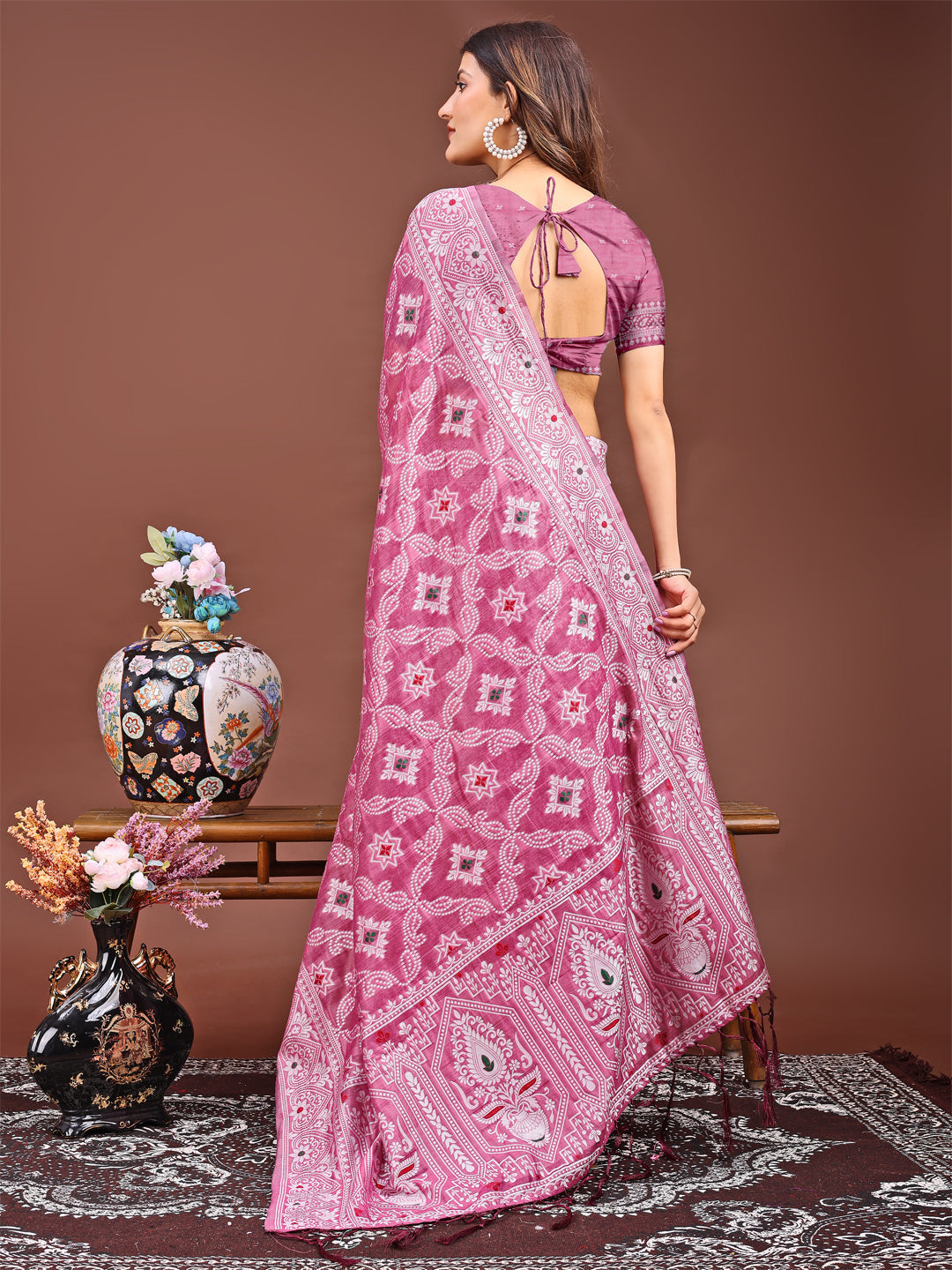 Linen Cotton Saree for women in pink color