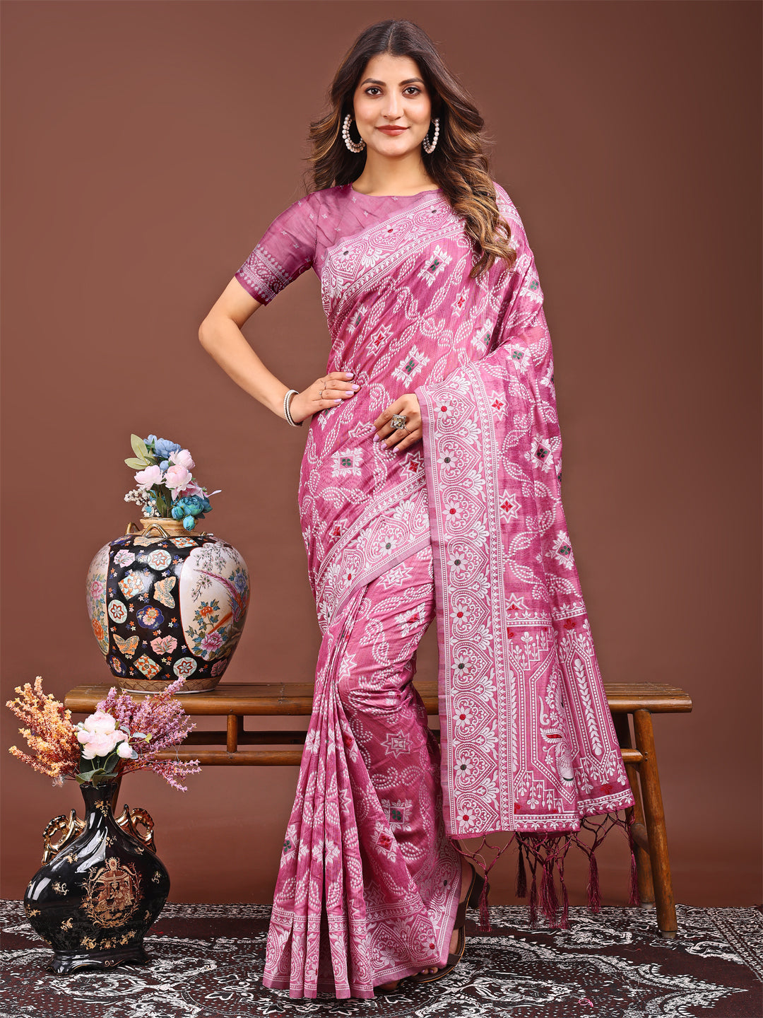 Pink linen Cotton saree for navratri pooja