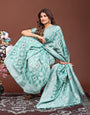 Sea Green Floral Design Woven linen Cotton Saree for Navratri night