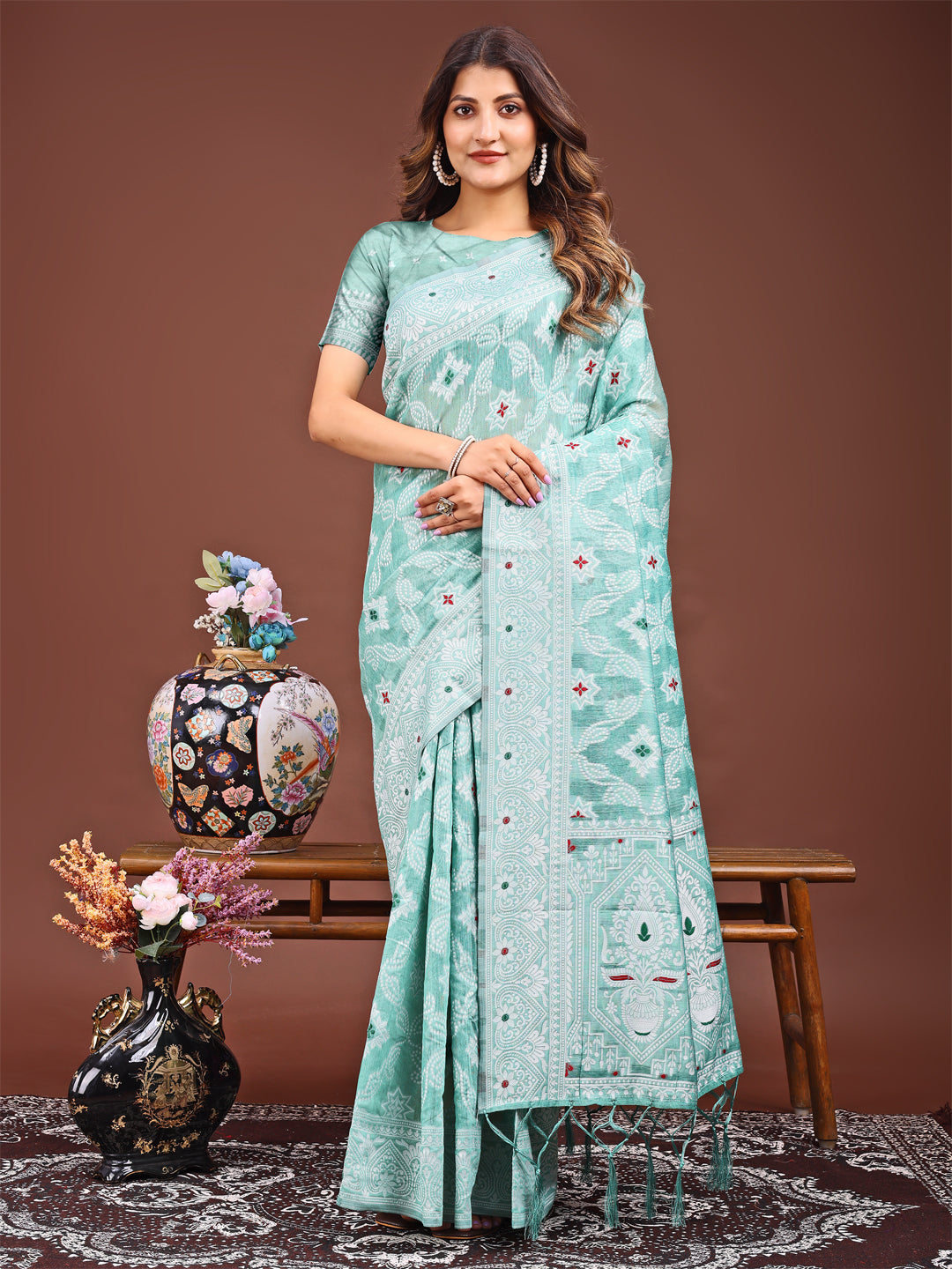 Woven Linen Cotton Saree in teal green color for Mehndi Function
