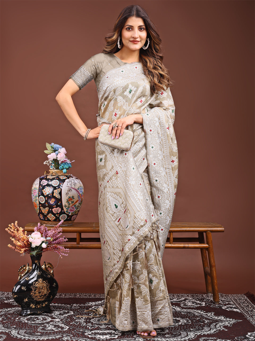 Beige Partywear linen Cotton Saree for women