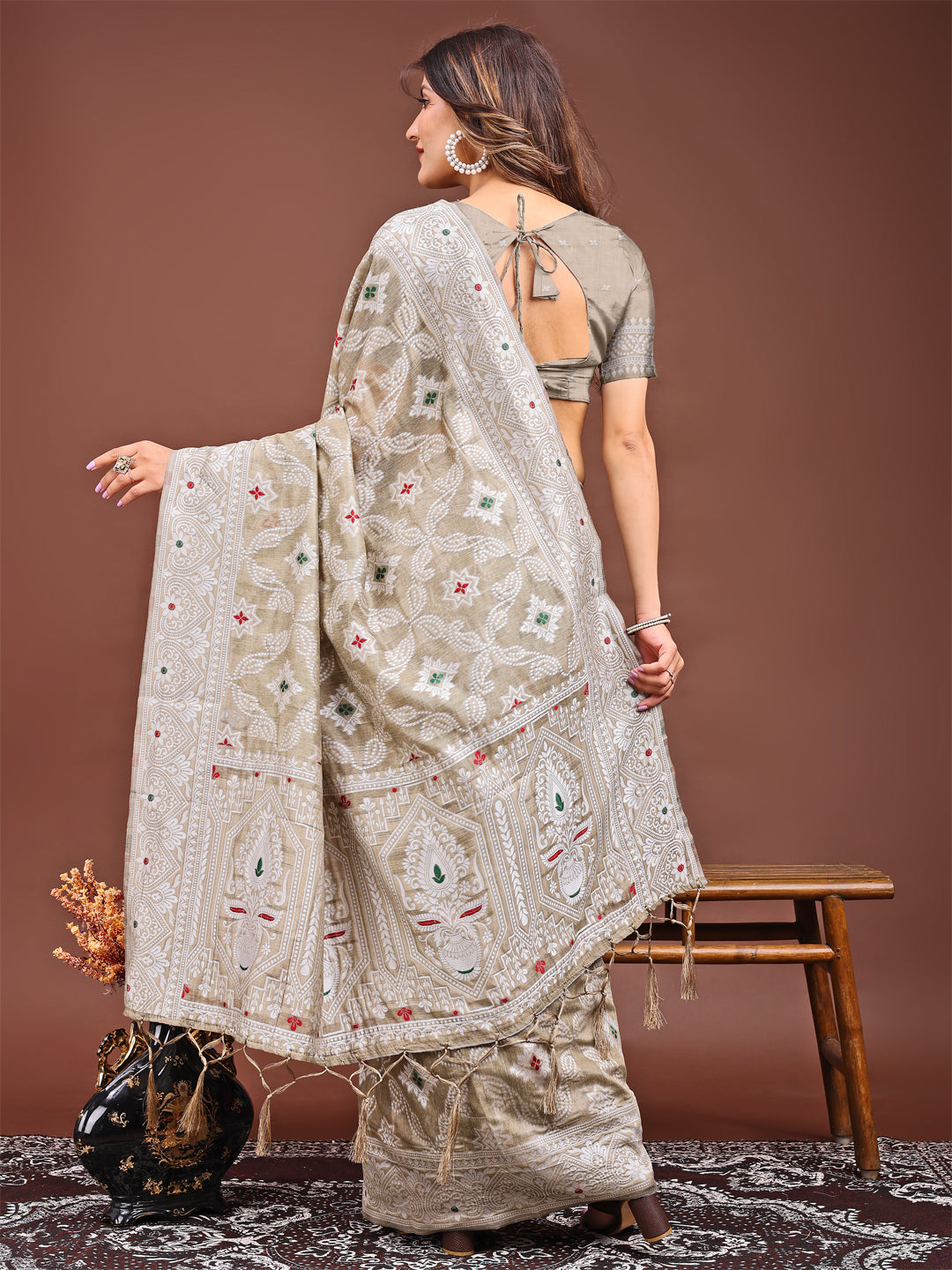 Back view of linen Cotton Saree in floral Design in Beige Color