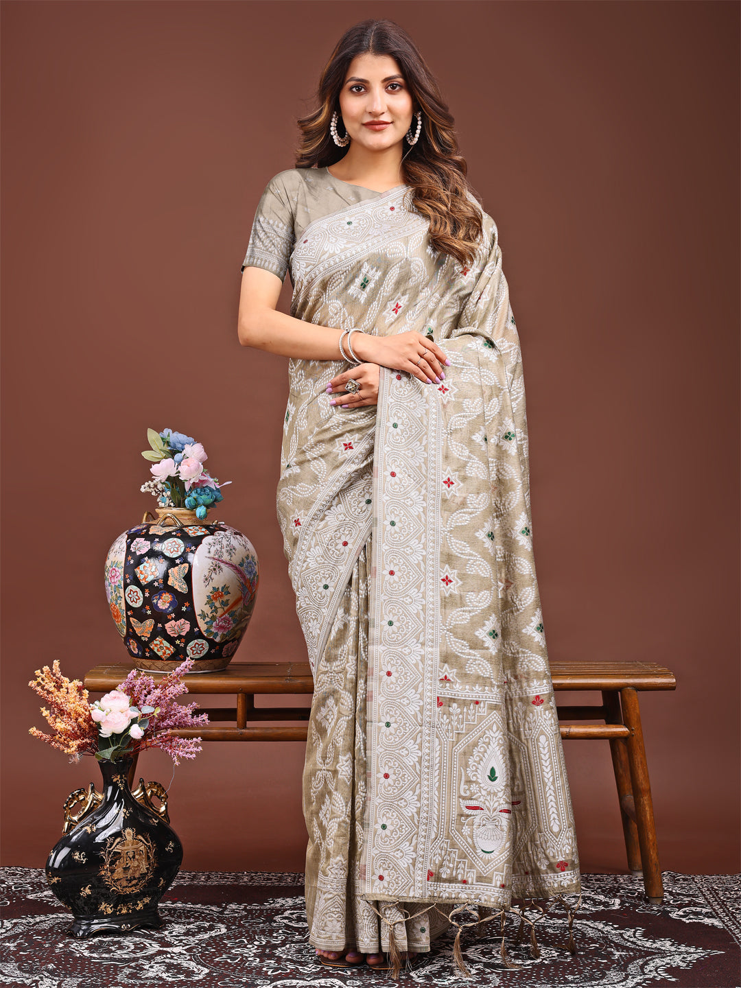 Linen Cotton Floral work Saree For engagement