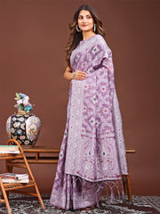 Floral Linen Cotton Saree For navratri Celebrations In purple Color