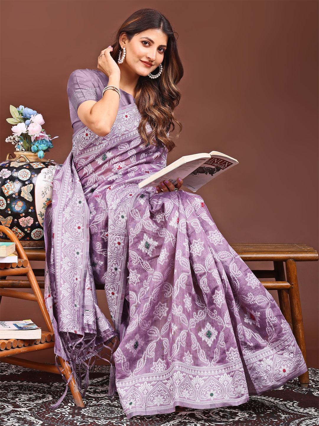 Purple Linen Cotton Saree For Women with floral Woven Design