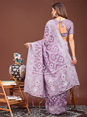 Back view of purple floral linen Cotton Saree or sangeet