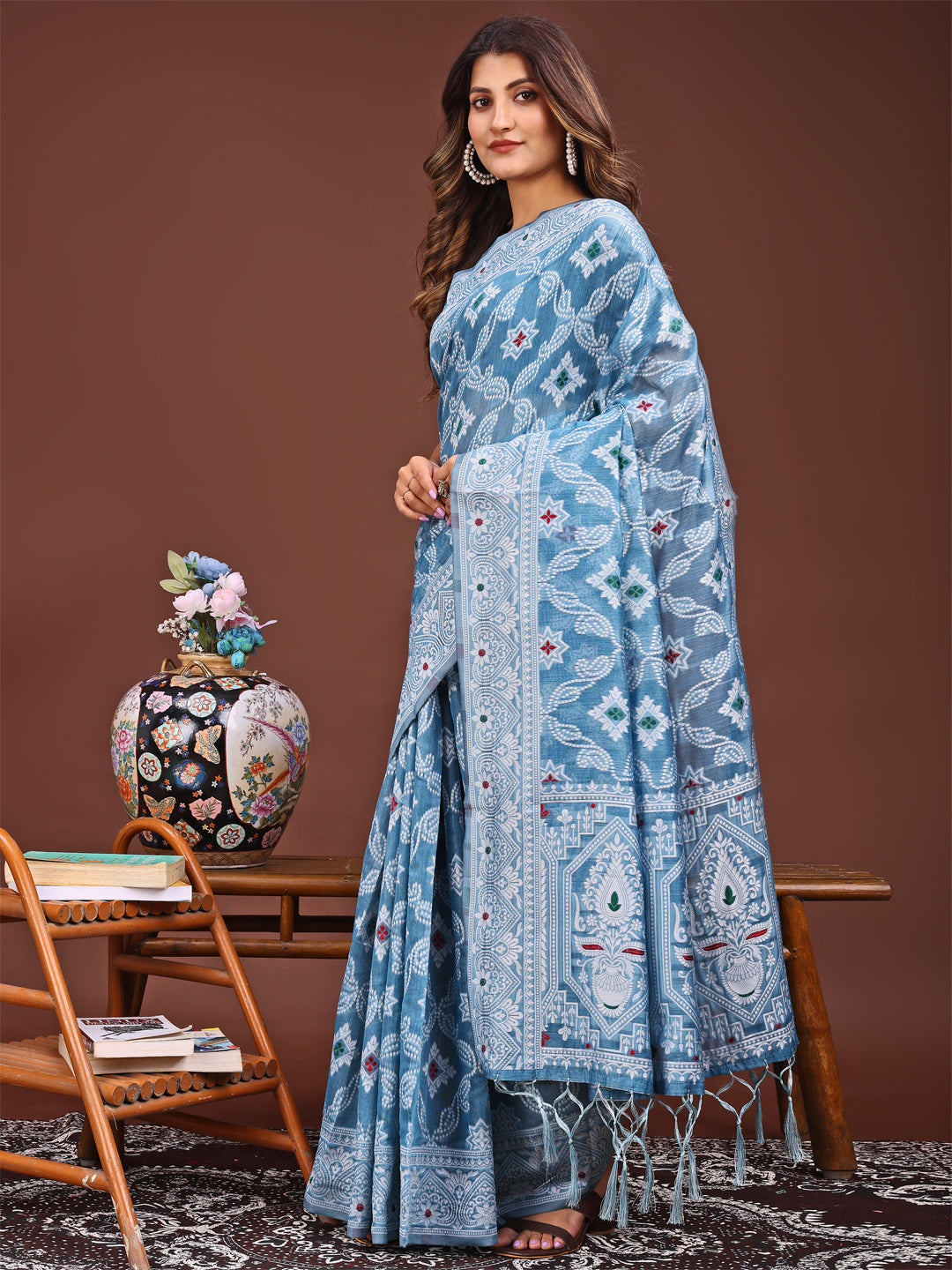 Blue Woven Floral Design Linen Cotton Saree for Sangeet 